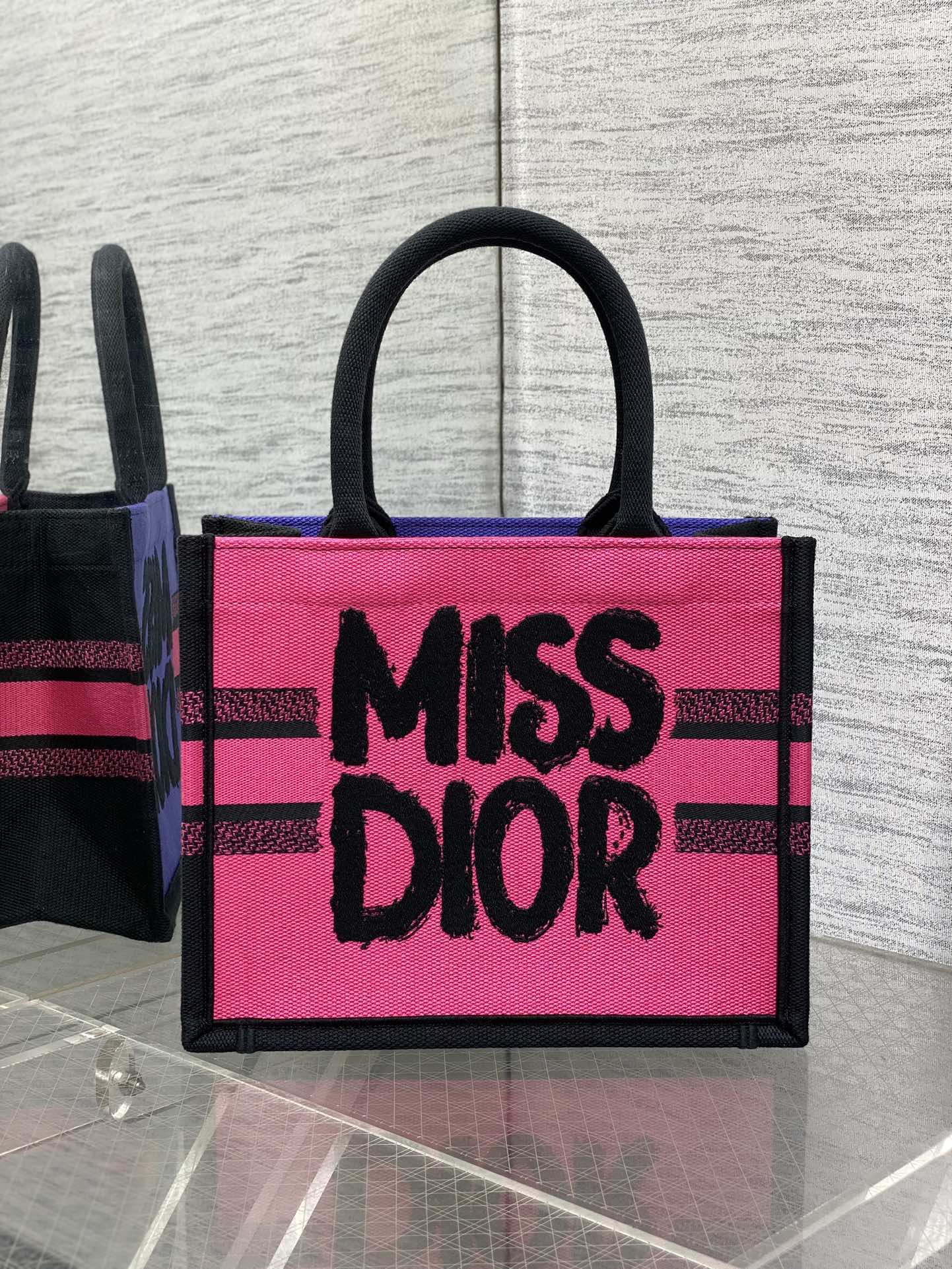 Small Dior Book Tote Bag Two-Tone Fuchsia and Purple Miss Dior Graffiti Embroidery